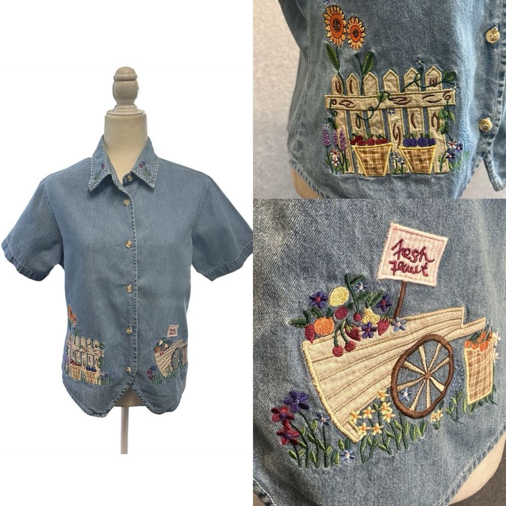 Vintage Bill Blass Denim Shirt Women M Blue Button‎ Down Flowers Embroidered 90s